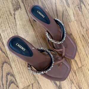 L’AGENCE Brown Chain Strap Square-Toe Sandals – Size 8.5